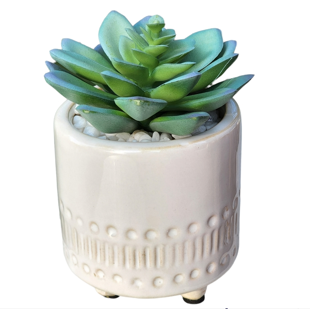 White Ceramic Planter With Artificial Succulent Flower